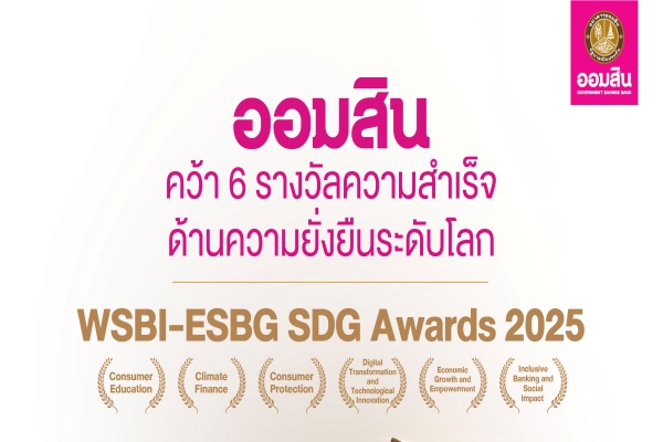 ออมสิน คว้า 6 รางวัล WSBI-ESBG SDG Awards 2025 มากที่สุดบนเวทีความยั่งยืนระดับโลก ตอกย้ำบทบาทธนาคารเพื่อสังคม สร้างผลลัพธ์เชิงบวกสอดรับเป้าหมาย SDGs 