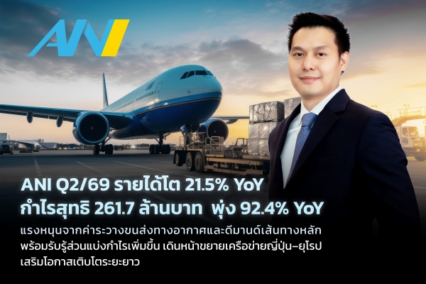 ANI Q2/69 รายได้โต 21.5% YoY กำไรสุทธิ 261.7 ล้านบาท พุ่ง 92.4% YoY แรงหนุนจากค่าระวางขนส่งทางอากาศและดีมานด์เส้นทางหลัก พร้อมรับรู้ส่วนแบ่งกำไรเพิ่มขึ้น เดินหน้าขยายเครือข่ายญี่ปุ่น–ยุโรป เสริมโอกาสเติบโตระยะยาว  